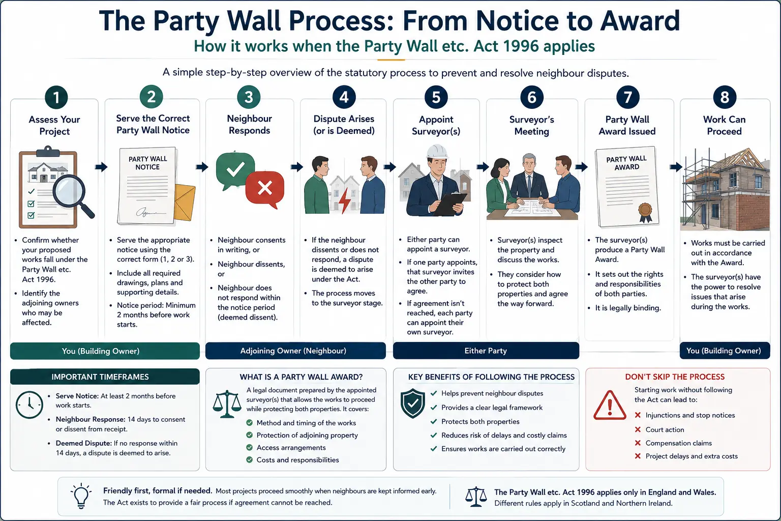 Do I Need a Party Wall Agreement? An infographic showing the party wall process from notice to award in a very interactive way for the citizens living in Warrington, UK