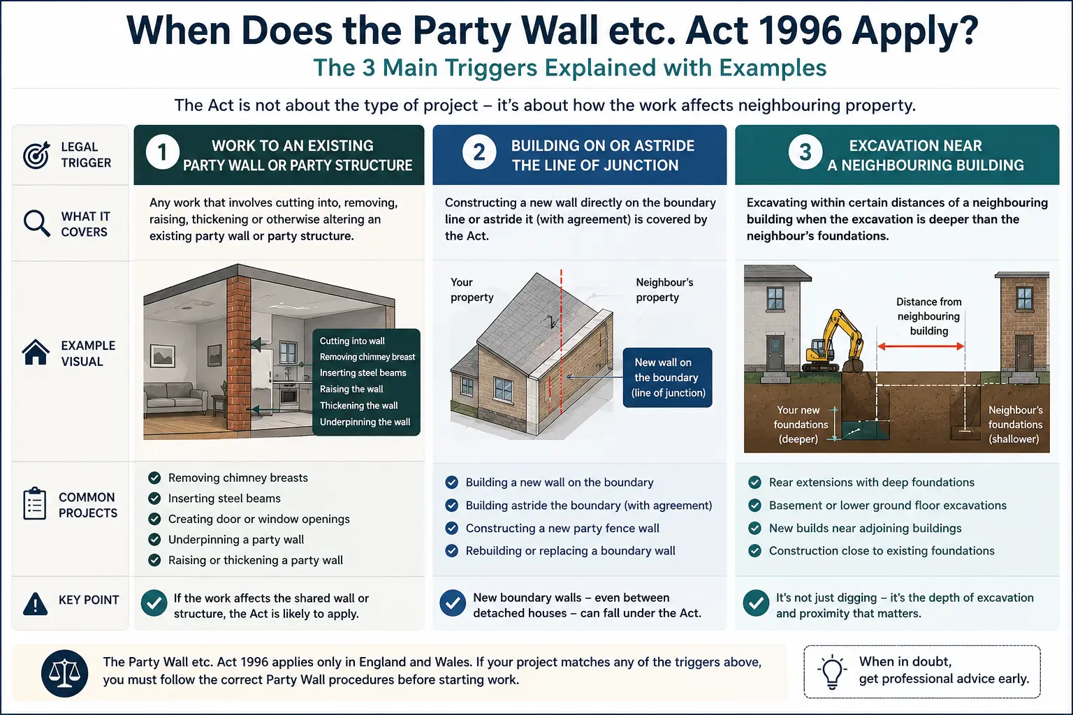 Do I Need a Party Wall Agreement? An infographic showing when does the party wall etc act 1996 apply like excavation, junction, painting, in Warrington, UK